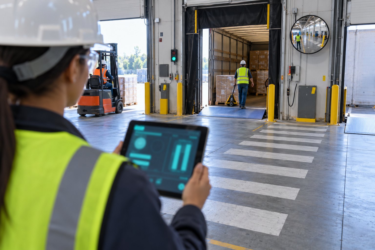 An incident investigator using X3 Incidents on a tablet at a warehouse dock door crossing