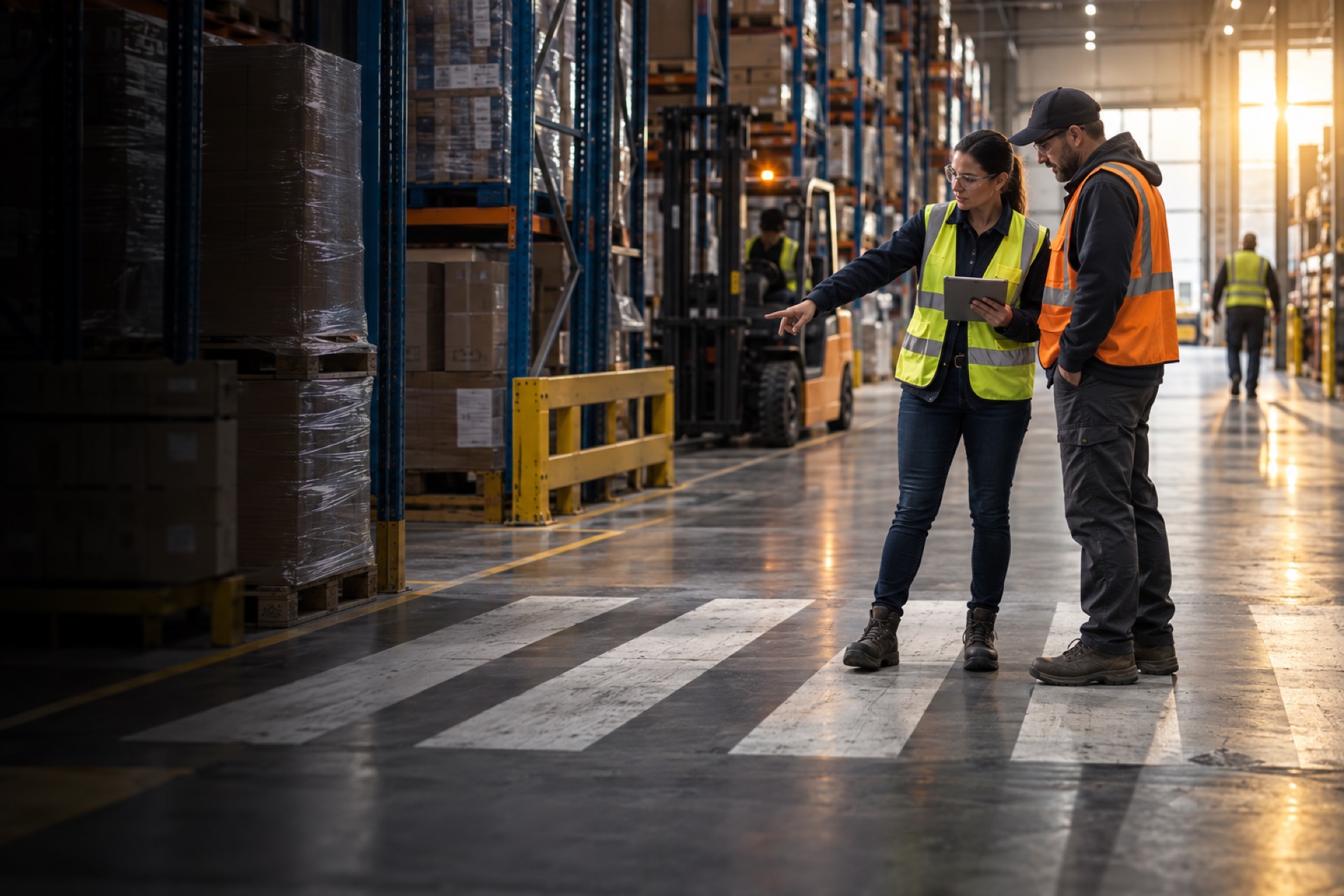 A supervisor and a worker standing at a marked pedestrian crossing in a warehouse aisle, reviewing where a near miss happened