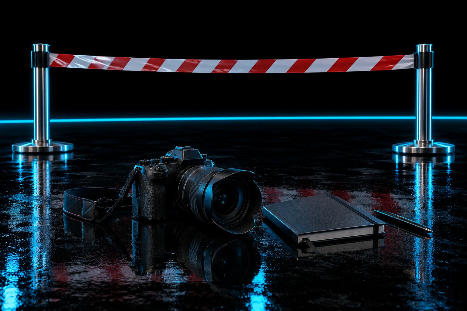 A length of red-and-white striped barrier tape stretched tight between two short steel posts across the black floor