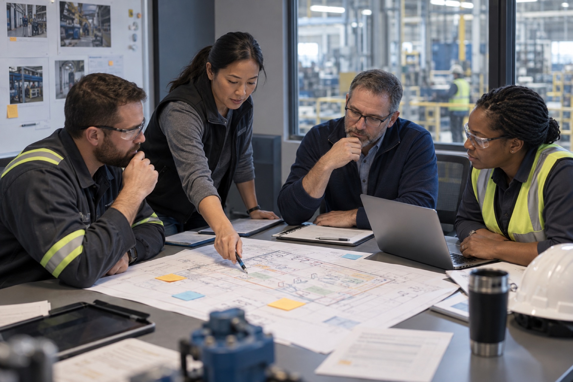 An investigation team gathered around a marked-up floor plan with sticky notes, working through contributing conditions