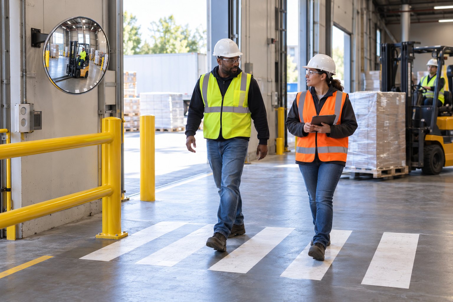 A warehouse dock door crossing after the fix: a new convex safety mirror mounted on the wall, a new yellow guardrail and fresh white crossing lines on the floor