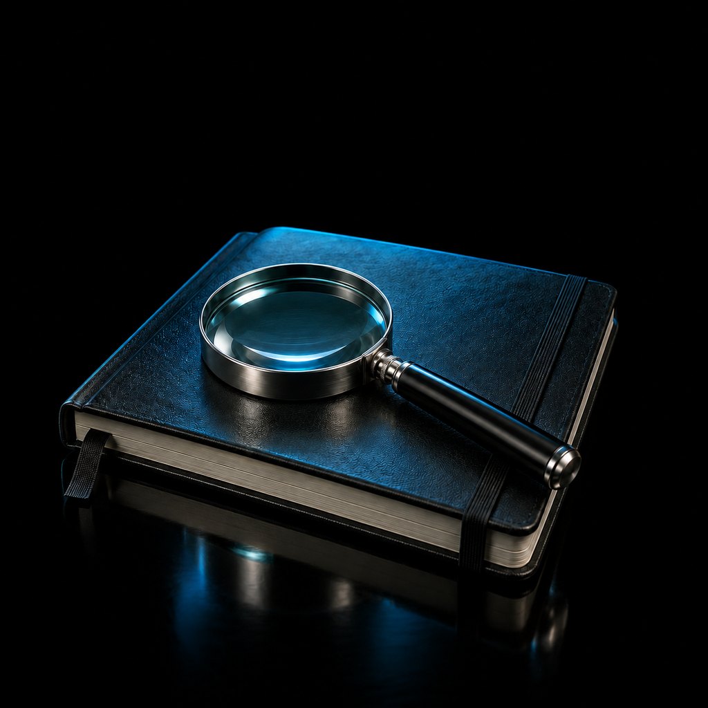 A magnifying glass with a steel rim and black handle lying on top of a closed black hardcover notebook